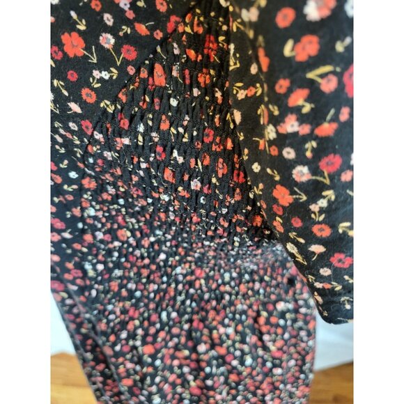 J Jill Size XL Black Red Floral Maxi Dress Full Button Jersey Tie Back - Picture 3 of 6